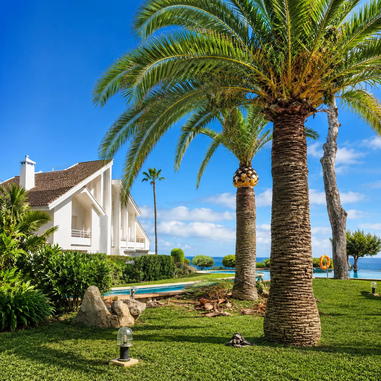 Después: Jardín privado con palmera y vistas al Mediterráneo, editado con IA